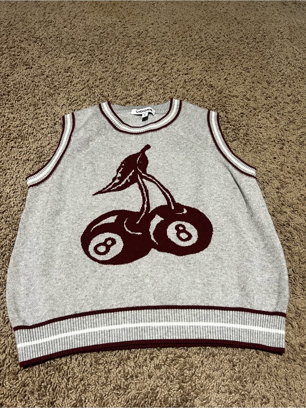Vigoss Light Gray Knit Sleeveless Vest with Burgundy Cherry & 8-Ball Graphic